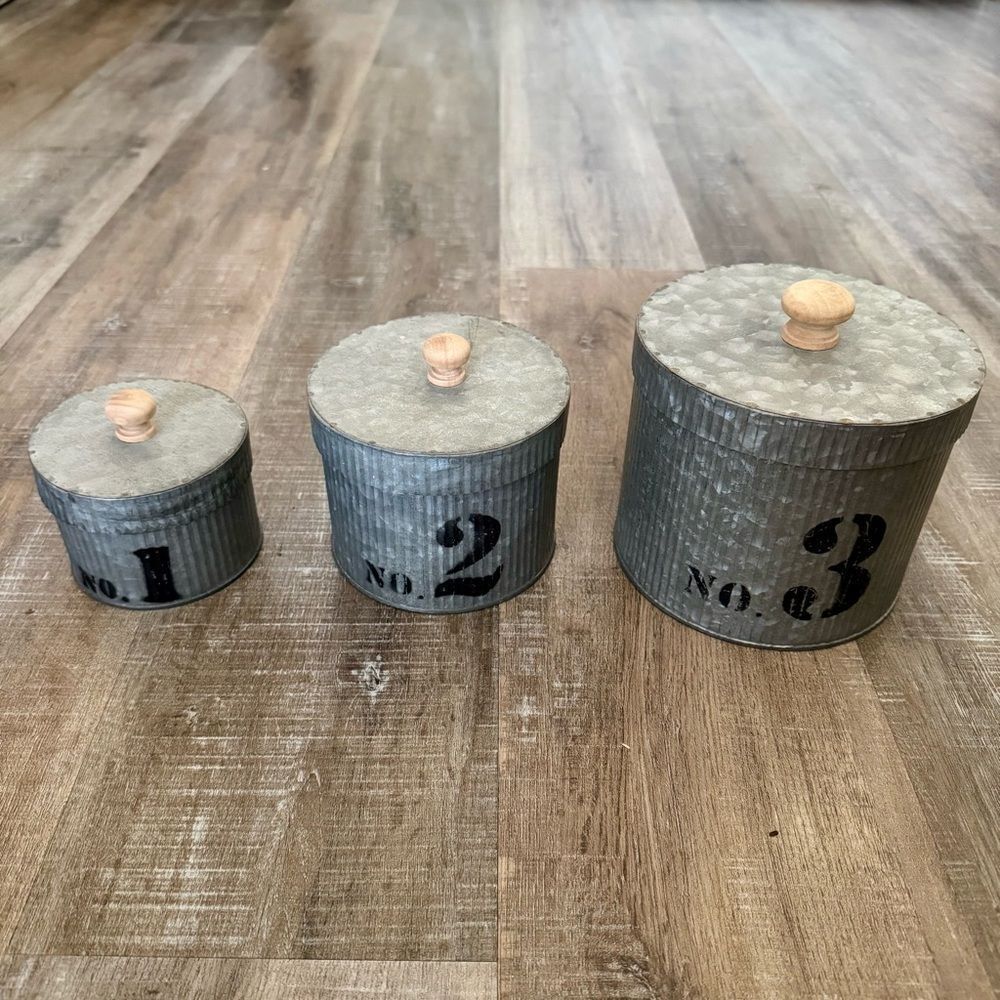 Set of Three Numbered Metal Canisters